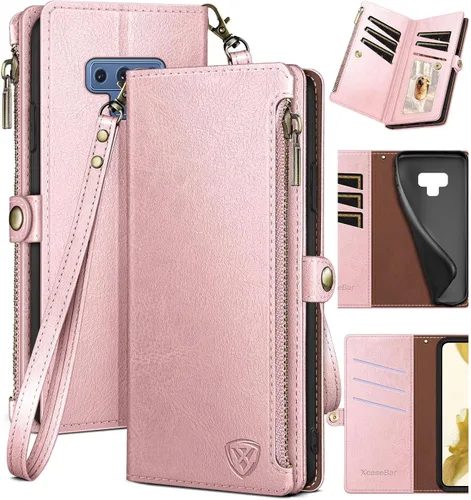 Vista 12 de XcaseBar Funda tipo cartera para Samsung Galaxy Note 9 con cremallera y tarjetero de crédito con bloqueo RFID, funda de piel sintética con tapa
