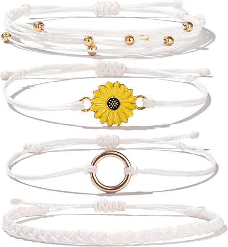Vista 26 de Pulsera de cuerda trenzada hecha a mano con diseño de girasol para adolescentes y mujeres Beige