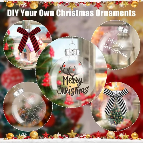 Vista 4 de Yookeer 64 discos de plástico para adornos navideños, bolas de plástico iridiscentes transparentes rellenables con tapa plateada y lazos a cuadros