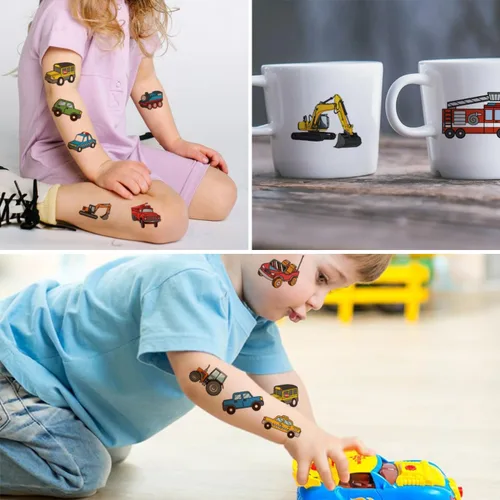 Vista 4 de CHARLENT Tatuajes temporales para automóviles y camiones para fiestas infantiles, 74 hojas individuales, para construcción de automóviles