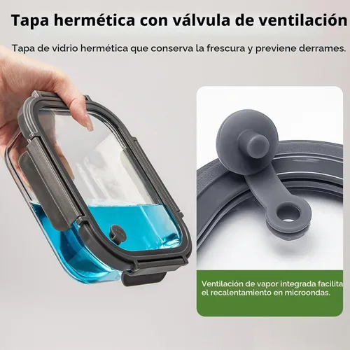 Vista 3 de Contenedores de vidrio para almacenamiento de alimentos con tapas de vidrio, paquete de 4 recipientes de preparación de comidas con tapas Gris