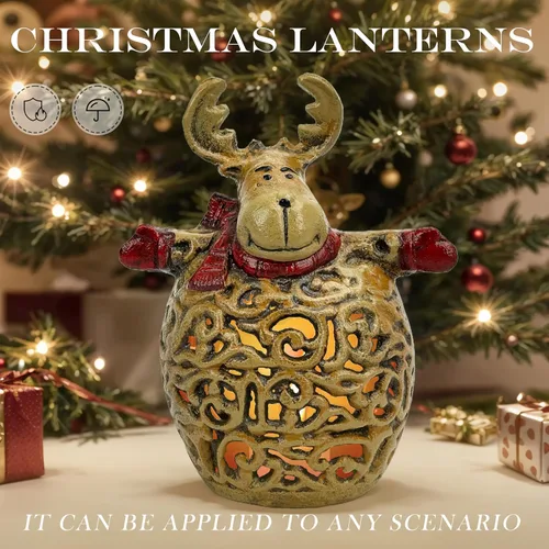 Vista 6 de Farol de Navidad de reno, linternas de aluminio fundido con velas de hierro hueco, decoraciones navideñas para chimenea (linterna de Navidad)
