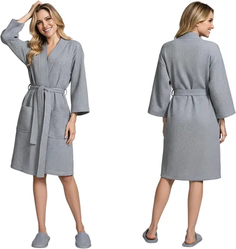 Vista 22 de Lotus Linen Women’s Lightweight Waffle Spa Robes – Soft Cotton Knee Length Bathrobe, Personalized Bridesmaids Robe Negro
