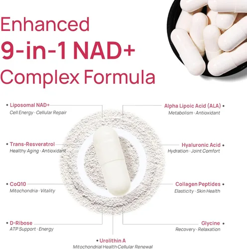 Vista 4 de Suplemento NAD+ para mujeres, alternativa NMN con β-NAD+, Trans-Resveratrol, CoQ10, D-Ribosa - Promueve la renovación celular, la energía y la salud