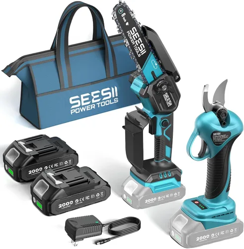 Vista 14 de SEESII Mini motosierra sin escobillas de 6 pulgadas, sierra de mano con 2 baterías de 2000 mAh, motosierra inalámbrica con engrasador automático