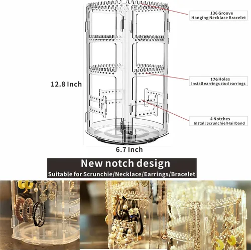 Vista 2 de Cq acrylic Organizador giratorio para aretes de 360 grados, exhibiciones de joyería transparentes, estante para aretes, collar, pulsera, carrusel