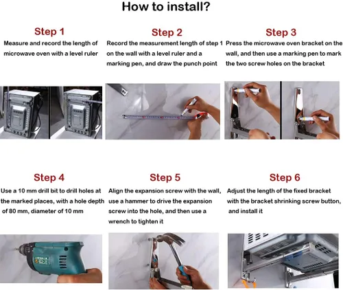 Vista 6 de MOTONG Soporte de pared para horno microondas de acero inoxidable con estante y gancho removible