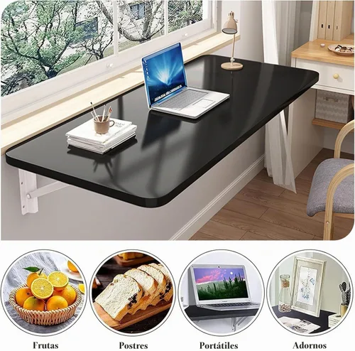 Vista 5 de Mesa plegable para montaje en pared, mesa flotante para ahorrar espacio, para cocinas, lavanderías, bares y restaurantes, negro