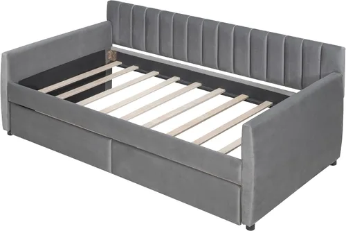 Vista 7 de SOFTSEA Sofá cama doble tapizado con cajones, sofá cama de terciopelo con listones de madera, soporte para dormitorio, sala de estar, no necesita