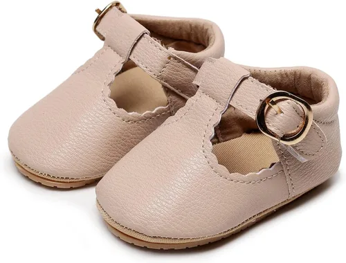 Vista 2 de HONGTEYA Zapatos planos Mary Jane para bebés y niñas, antideslizantes, para los primeros pasos, suela suave, piel sintética, zapatos de cuna
