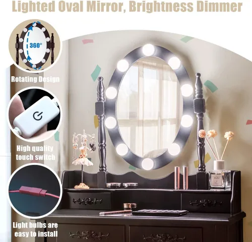 Vista 5 de DORTALA Juego de mesa de tocador, tocador de maquillaje con 10 bombillas regulables, espejo iluminado y 4 cajones, taburete acolchado, patas