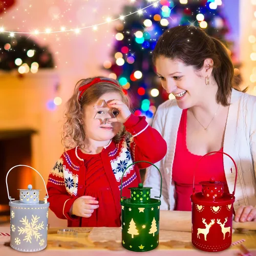 Vista 7 de YBB Juego de 3 linternas decorativas de Navidad, linternas de vela sin llama, operadas por batería, colgantes, de metal, con LED, para centro