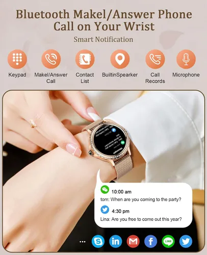 Vista 6 de Reloj inteligente para mujer, reloj inteligente Bluetooth para iPhone, Android, iOS, IP68, impermeable, para mujer, rastreador de actividad física
