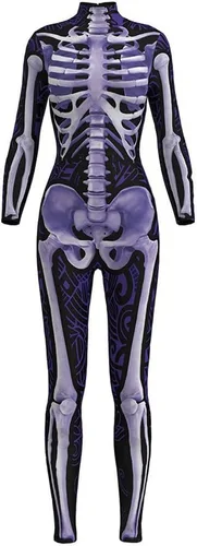 Vista 9 de Sister Amy Disfraz de esqueleto de calavera para mujer de Halloween, traje ajustado de una pieza J-colorido esqueleto