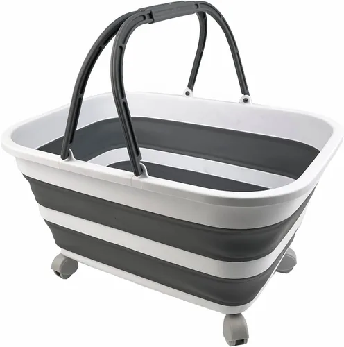 Vista 7 de SAMMART Cesta de plástico plegable de 26 litros (6.8 galones) con asa y ruedas, contenedor de almacenamiento plegable con asa y ruedas, bañera