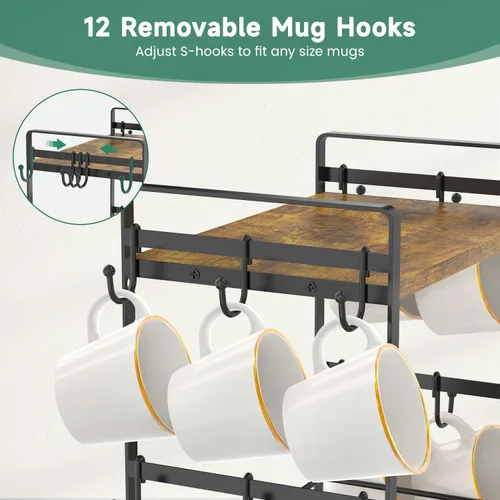 Vista 5 de EsLuker.ly Soporte para tazas de café, organizador de estación de barra de árbol, soporte para tazas de 2 niveles para encimera de cocina, estante