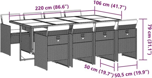 Vista 9 de Juego de comedor de patio de 9 piezas con mesa de ratán de polietileno beige y cojines color crema, muebles de exterior para jardín, patio trasero