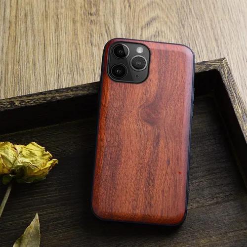 Vista 4 de Carveit Funda de madera para iPhone 11 Pro Max [madera real dura y TPU suave negro] a prueba de golpes, protector de madera único para teléfono