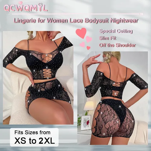 Vista 2 de QCWQMYL Conjunto de lencería para mujer, diseño de malla de encaje travieso, body de 2 piezas