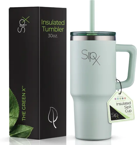 Vista 8 de SipX™ Vaso aislado de 30 onzas con asa y pajita, acero inoxidable aislado al vacío, a prueba de fugas, apto para portavasos - Perfecto para café