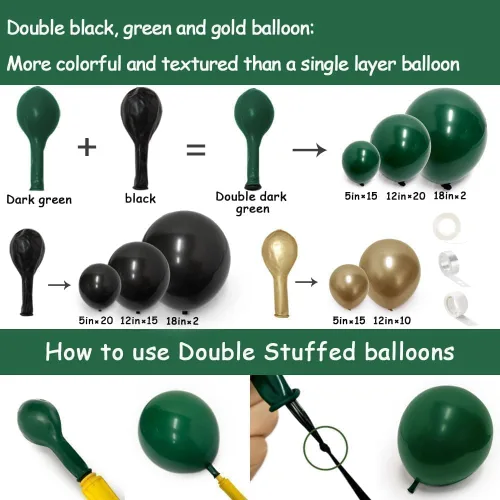 Vista 3 de Guirnalda de globos de color negro, verde y dorado, doble relleno, globos verde oscuro, kit de arco de globos negros y dorados para graduación