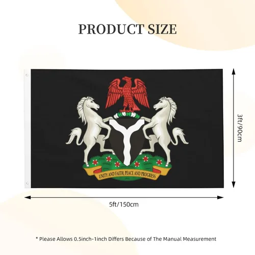 Vista 5 de Bandera de Nigeria con escudo de armas de Nigeria de 3 x 5 pies, banderas de doble cara para exteriores, banderas decorativas duraderas para patio