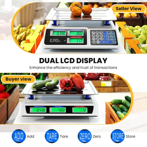 Vista 2 de Giantex Báscula de cálculo de precios 66 lb/30 kg, báscula comercial recargable de alimentos con pantalla LCD doble, plataforma de acero inoxidable
