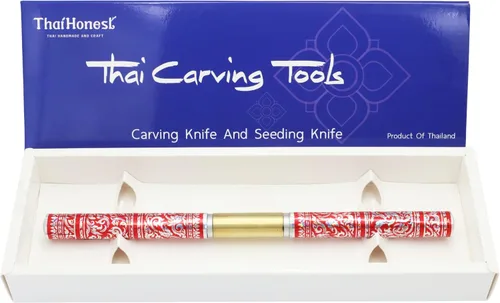 Vista 5 de Cuchillo tailandés para tallar frutas, hoja de doble cara de 2 pulgadas (curva y recta) con mango decorativo rojo tailandés, herramienta