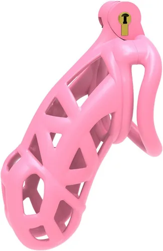 Vista 10 de Jaula de castidad rosa masculina 3.0, dispositivo de castidad masculina con 4 anillos para el pene, jaula ligera de resina para hombre para pene