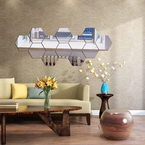Vista 3 de 15 piezas de acrílico extraíble espejo hexagonal adhesivo de pared espejo de panal para el hogar, sala de estar, dormitorio decoración