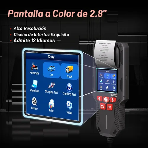 Vista 6 de KONNWEI Probador de batería de coche con impresora, 12 V 24 V Probador de carga de batería automotriz 10-2000CCA, prueba de arranque y carga