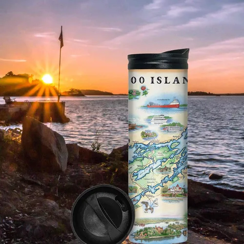 Vista 2 de Xplorer Maps 1000 Islands Map - Vaso de viaje de 16 onzas con tapa resistente a derrames, vaso de café aislado al vacío de acero inoxidable