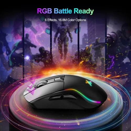 Vista 4 de TECKNET Ratón inalámbrico para juegos de tres modos, retroiluminado RGB Bluetooth 5.0/2.4G/USB-C Ratón ergonómico recargable con 6 botones