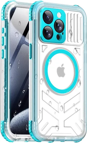 Vista 57 de Funda impermeable para iPhone 15 con Magsafe, protector de pantalla, cordón, IP68 militar de cuerpo completo a prueba de golpes, para deportes Negro