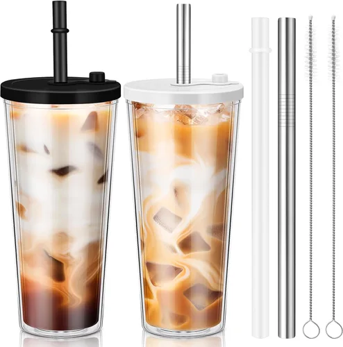 Vista 10 de Honeydak Paquete de 2 Tazas Reutilizables de 16oz para Café Helado con Tapas, Impermeables y de Pared Doble Aislada, Vaso de Café Helado de Plástico