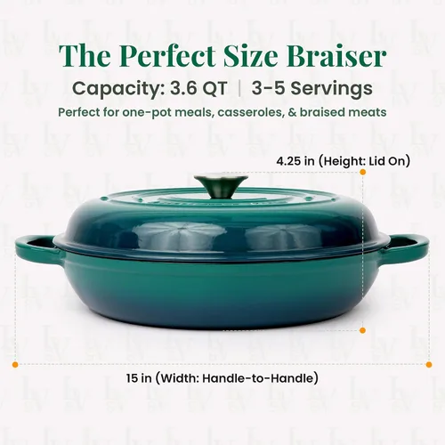 Vista 2 de Larder & Vine Brasera de Hierro Fundido Esmaltado Brasera de 3.6 qt con Tapa Horno Holandés Poco Profundo Compatible con Todas las Cocinas