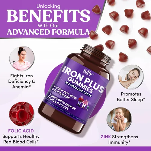 Vista 2 de Suplementos de gomitas de hierro para adultos (mujeres, hombres) y niños, sabor a uva, apoya la anemia, los niveles de energía y enfoque, 100