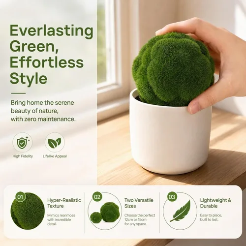 Vista 6 de Cabilock Bolas de musgo verde decorativas para rellenar cuencos, 2 piezas de centro de mesa artificiales, bolas topiarias, grandes y pequeñas, rocas