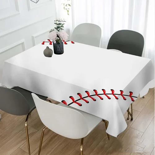 Vista 7 de TKS MITLAN Mantel rectangular de béisbol de 52 x 70 pulgadas, costuras de bola de encaje rojo, diseño artístico, decoración de cocina para el hogar