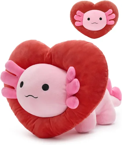 Vista 8 de MaoGoLan Peluche de ajolote de San Valentín con capucha en forma de corazón, almohada de peluche de salamandra blanda y suave, regalo de peluche