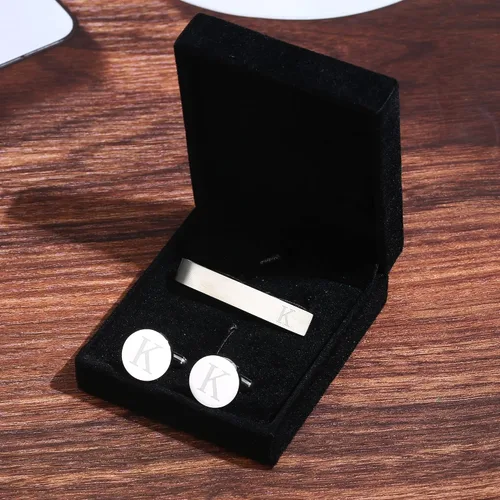 Vista 28 de LOYALLOOK - Gemelos de acero inoxidable grabados con inicial y clip de corbata, diseño de letras del alfabeto con caja de regalo, A-Z