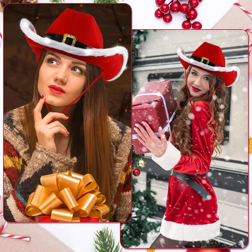 Vista 7 de Suhine Light up Santa Claus Cowboy Hats Christmas LED Flashing Cowgirl Hat Bulk with Lights for Women Men Xmas Cowboy Decor