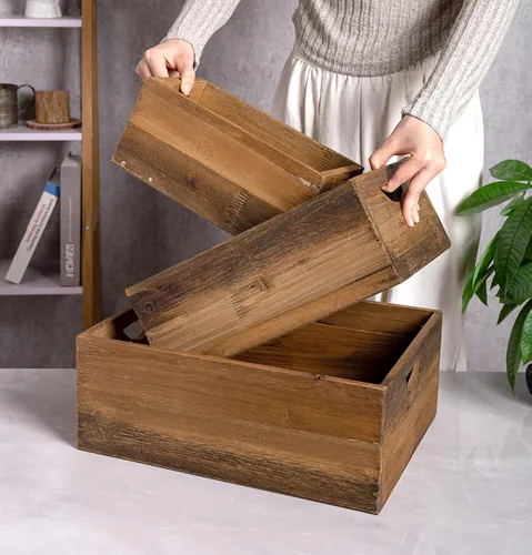 Vista 4 de TIMRIS Juego de 3 cajas de madera rústica envejecida anidables, cajas de almacenamiento de madera decorativas de estilo granja, cestas de madera
