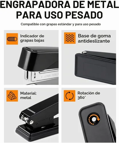 Vista 5 de Marsrock Grapadora resistente para escritorio con 50 hojas, 3000 grapas Negro