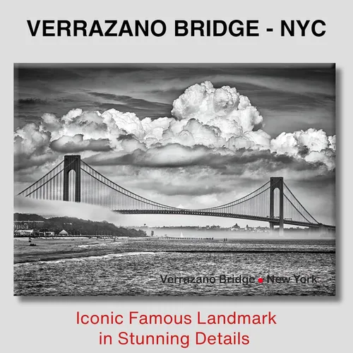 Vista 2 de Imán Verrazzano Bridge NYC – Recuerdo de metal blanco y negro de 3.5 x 2.5 pulgadas con foto Cloudscape de alta resolución – Colección ArtMalore New