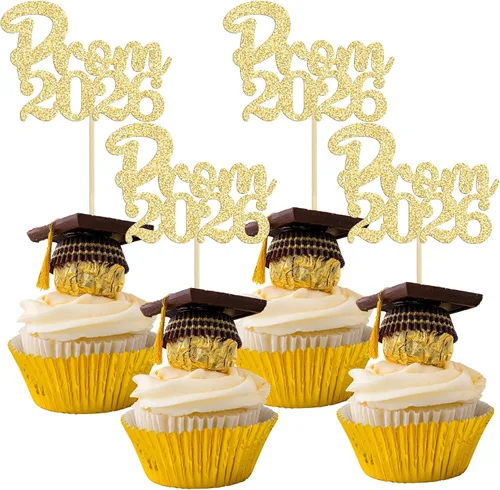 Vista 9 de Gyufise 24 piezas de decoración para cupcakes con purpurina para graduación 2026, decoración de pasteles para graduación 2026, decoración de Negro