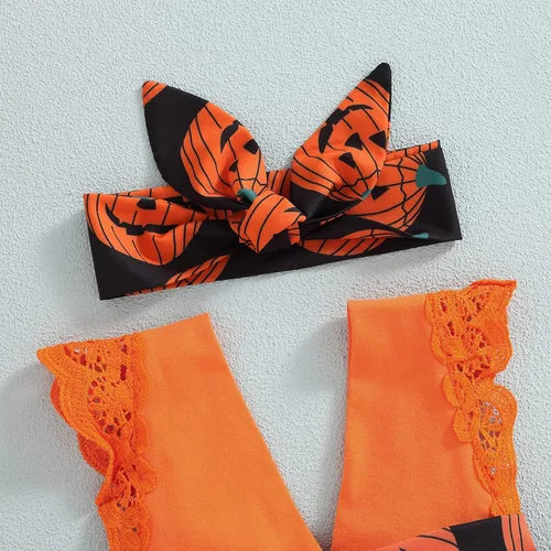 Vista 3 de Ropa de Halloween para bebé recién nacida, vestido de calabaza, sin mangas, cuello en V, diadema, Naranja