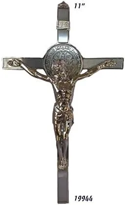 Vista 3 de misantuario San Benito Crucifijo 11" Jesús En La Cruz Con Medalla De San Benito, Color Plata San Benito Crucifijo Pared 11", Nuevo