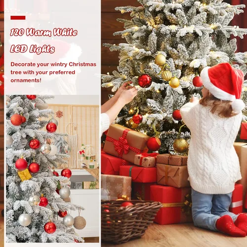 Vista 6 de GOFLAME Árbol de Navidad flocado de nieve de 4.5 pies, árbol de Navidad preiluminado con 120 luces LED y 757 puntas de polietileno y PVC, árbol