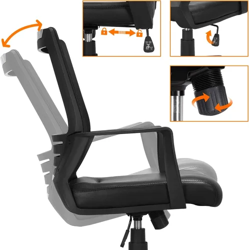 Vista 5 de Yaheetech Silla de oficina de malla con respaldo medio con asiento de cuero, silla ejecutiva para computadora de oficina con reposabrazos y soporte